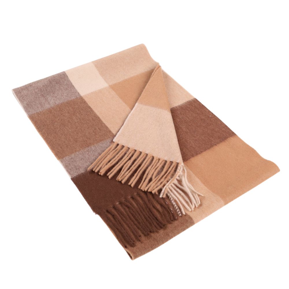 Halstørklæde med store tern i 100 % uld, brun og beige – York (1)