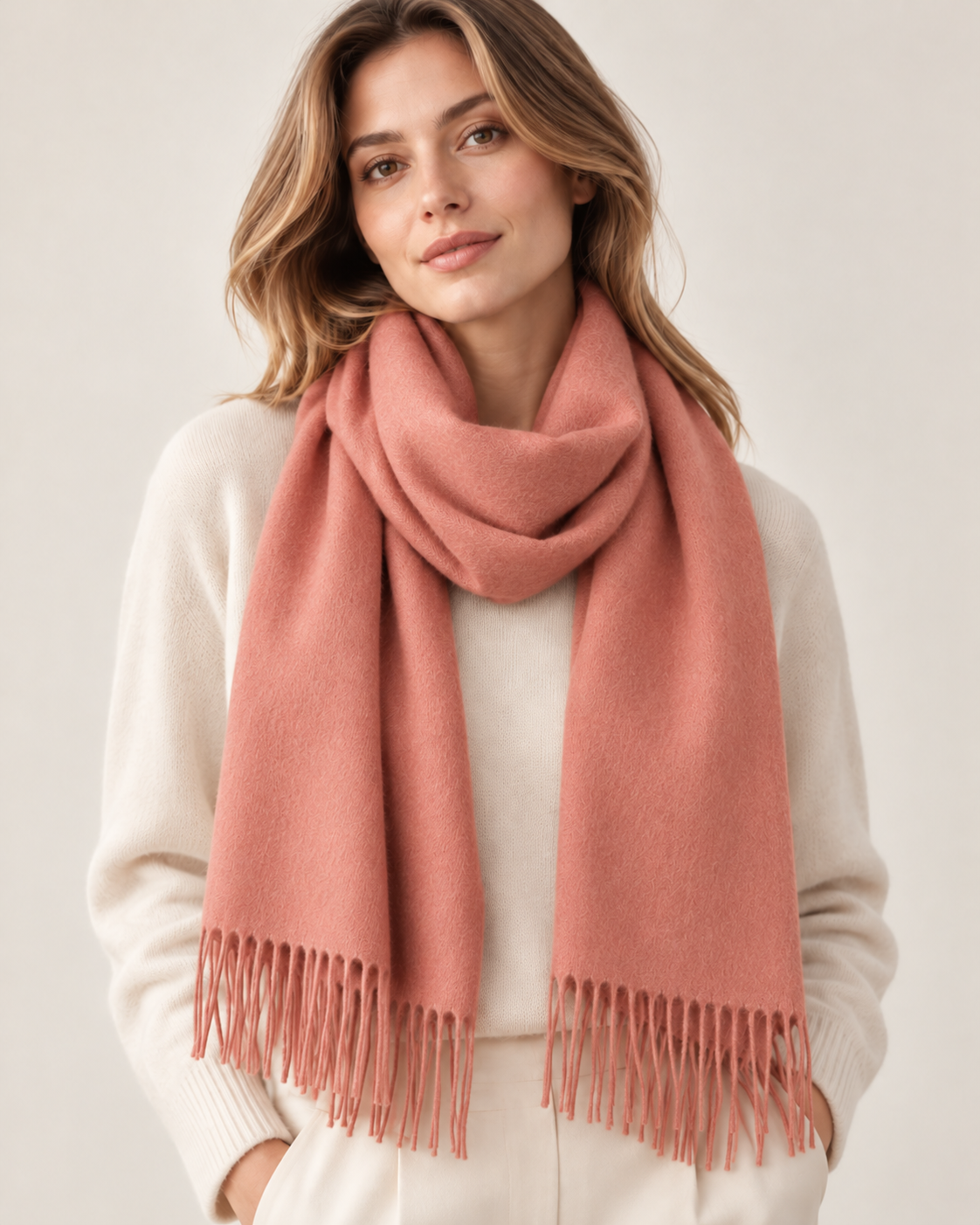 Ensfarvet pudderrosa cashmere halstørklæde til kvinder Paris (5)
