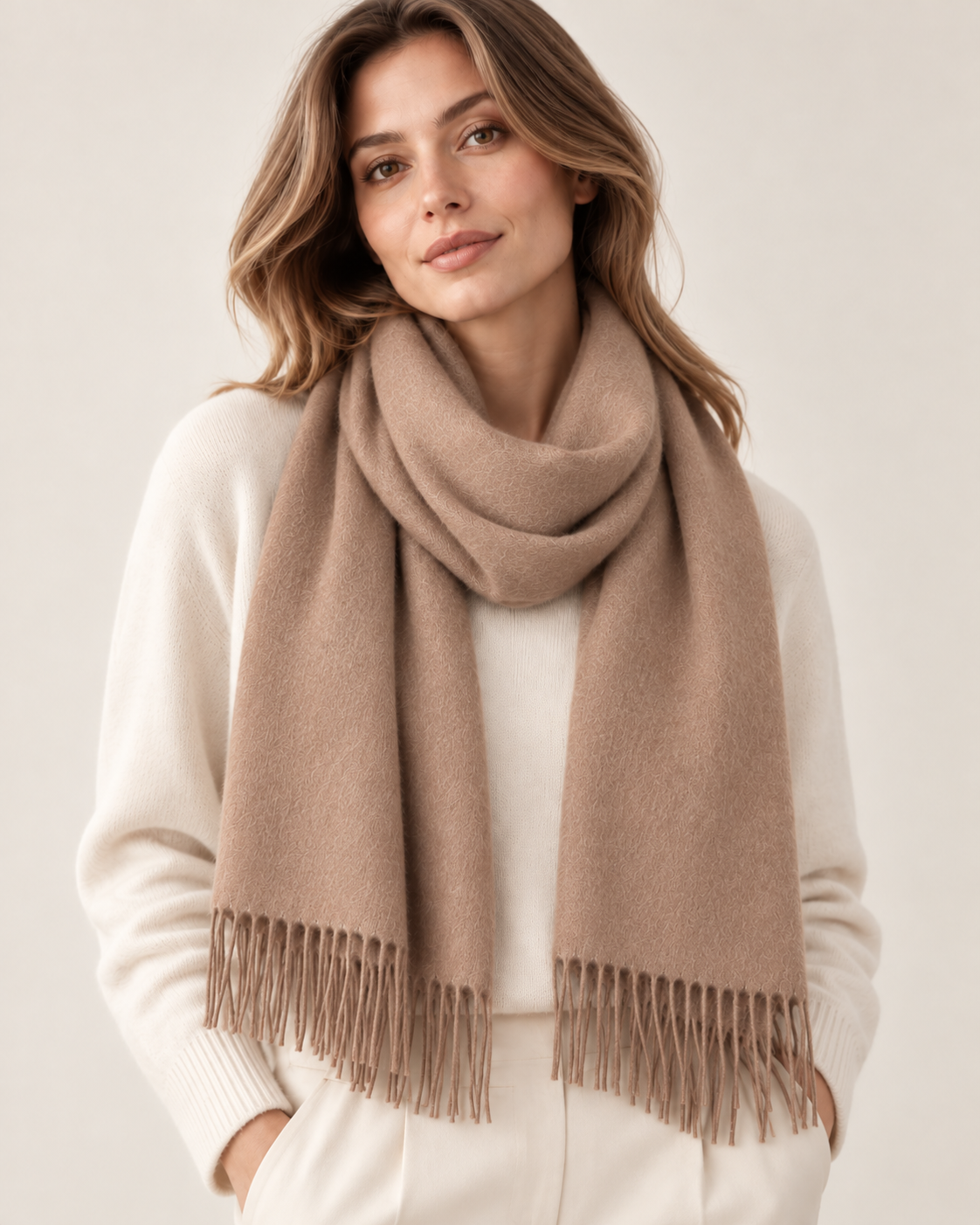 Ensfarvet beige cashmere halstørklæde til kvinder Paris (5)